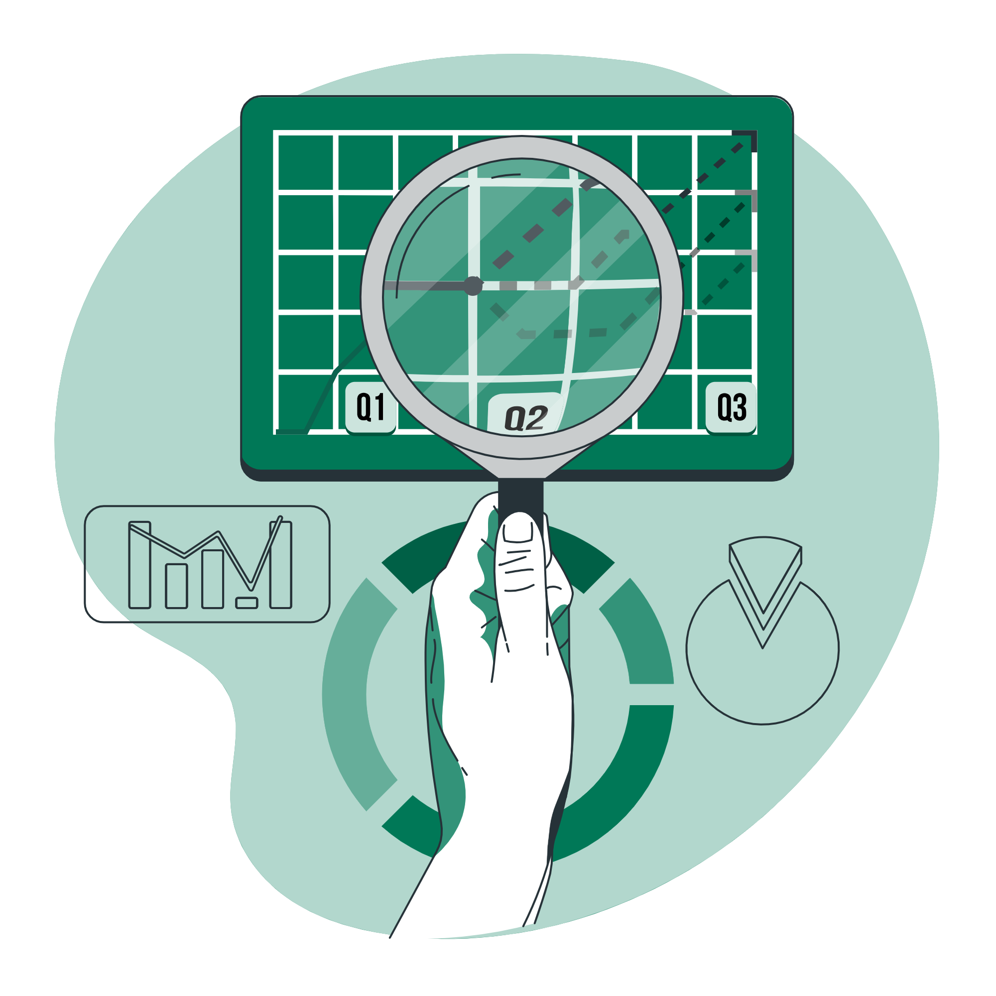 a hand holding a magnifying glass over a green and white calendar