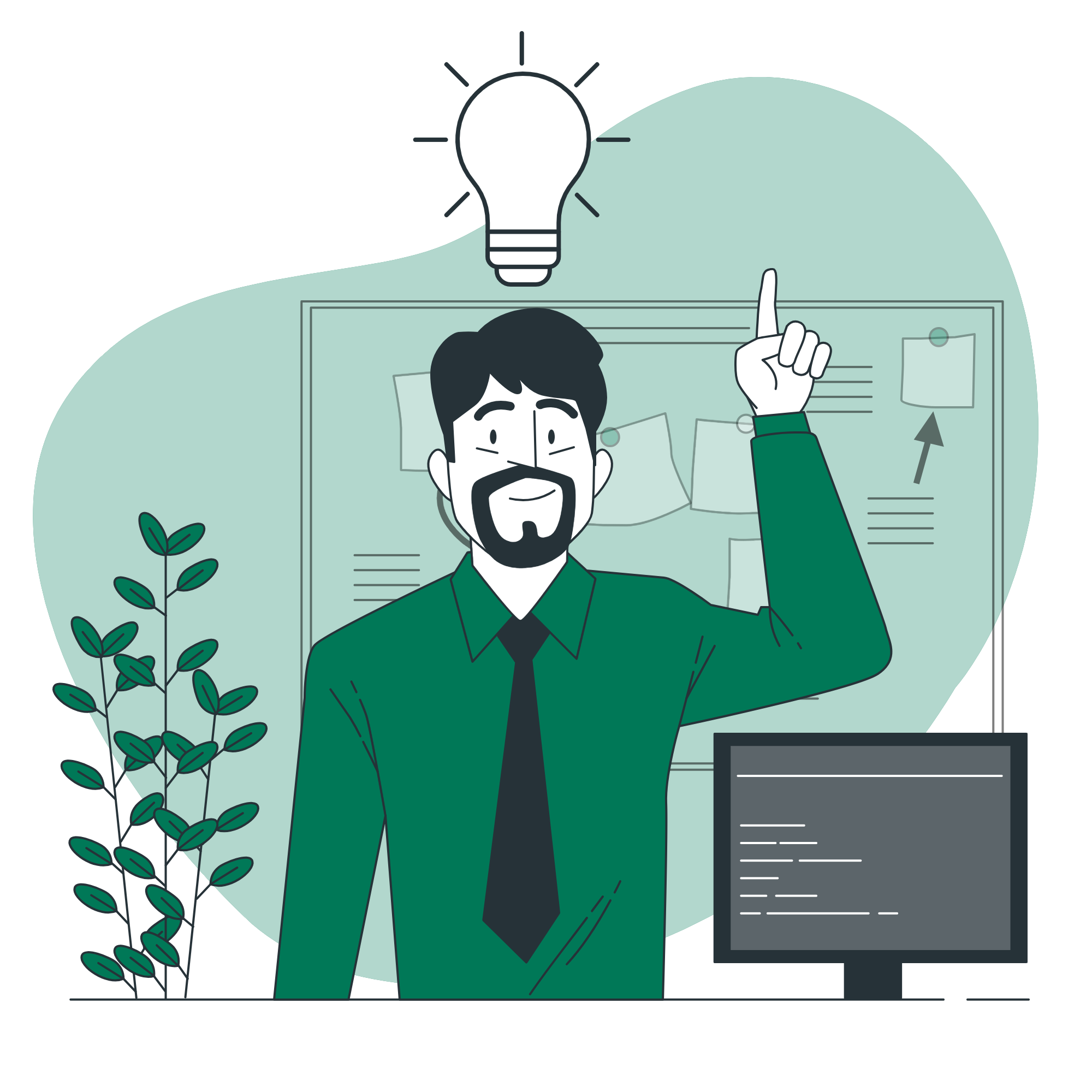 a man pointing up at a light bulb