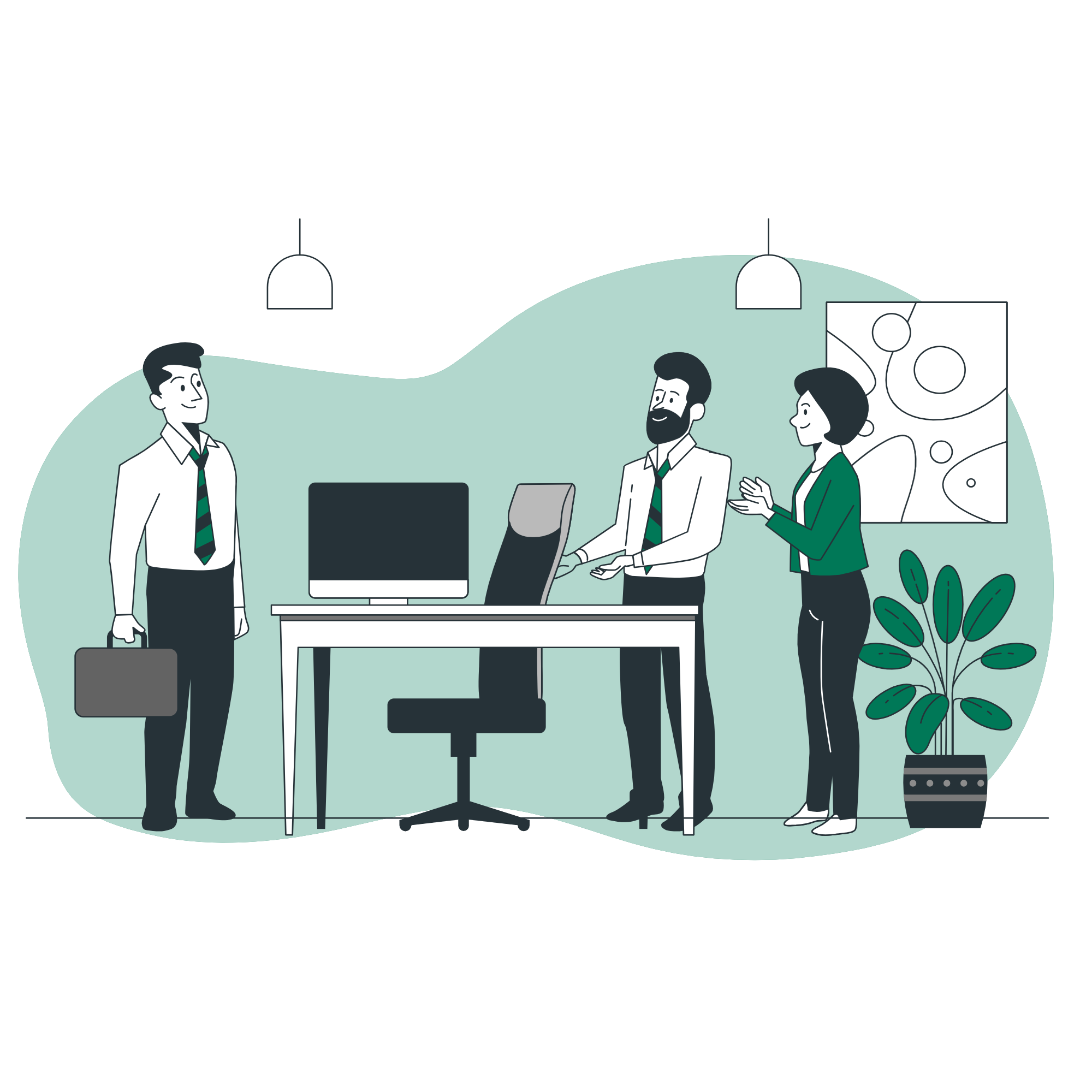 a group of people standing around a desk