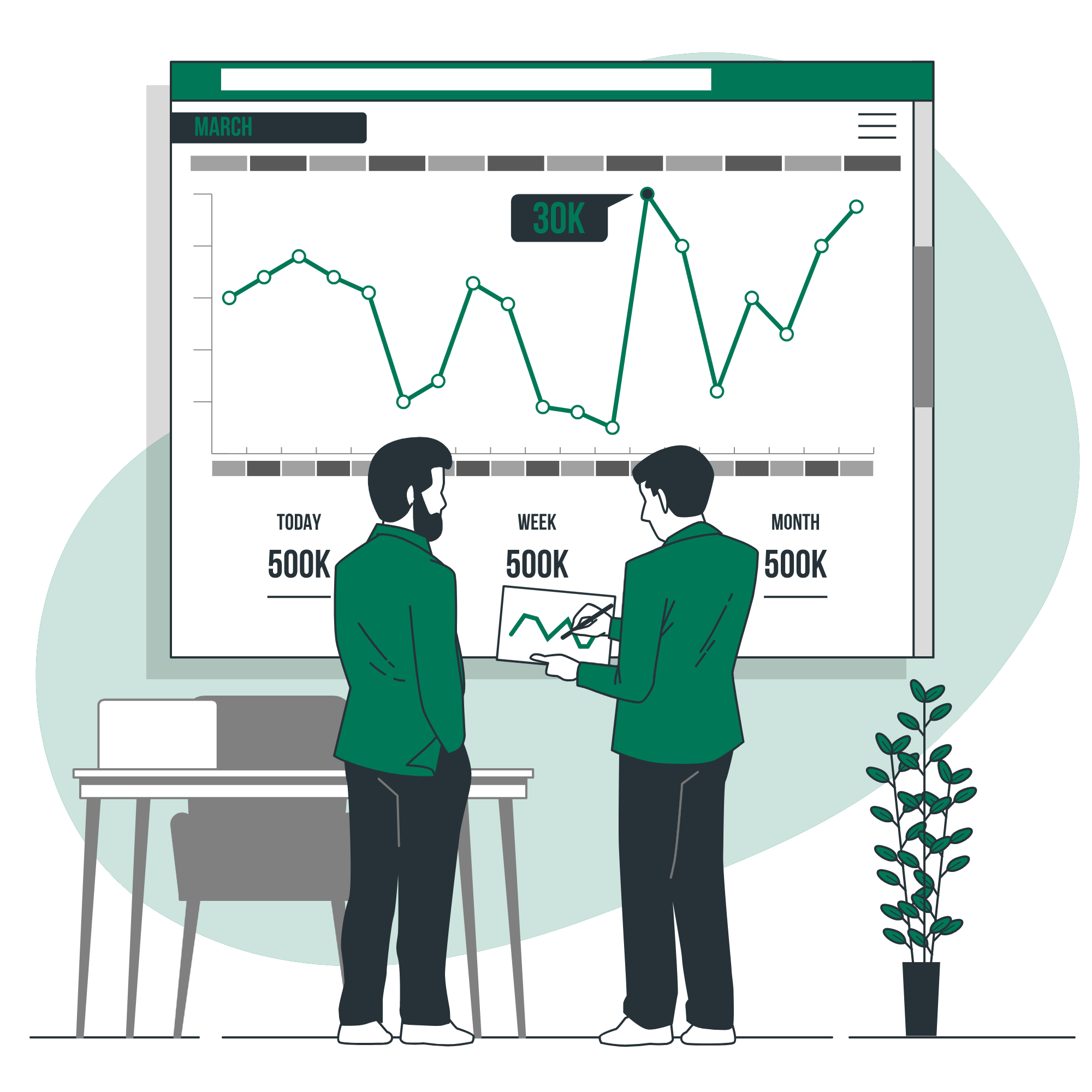 a man and woman looking at a graph