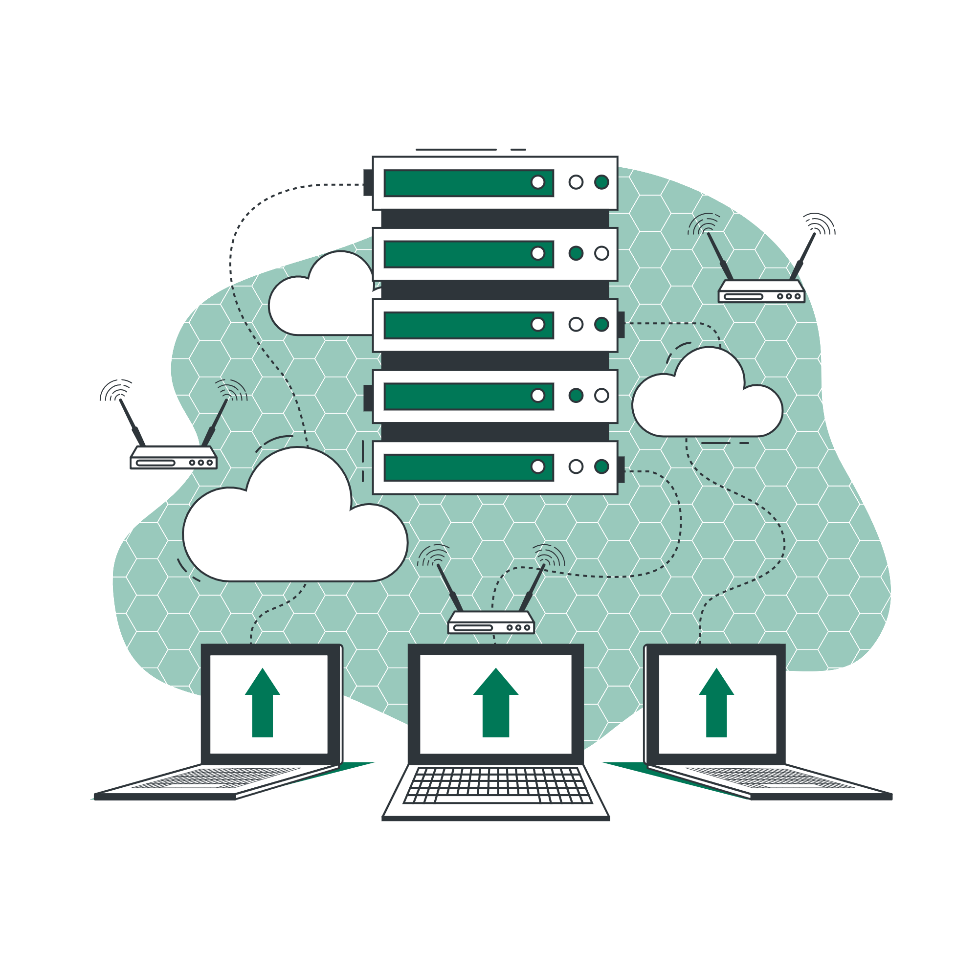a computer network with servers and clouds