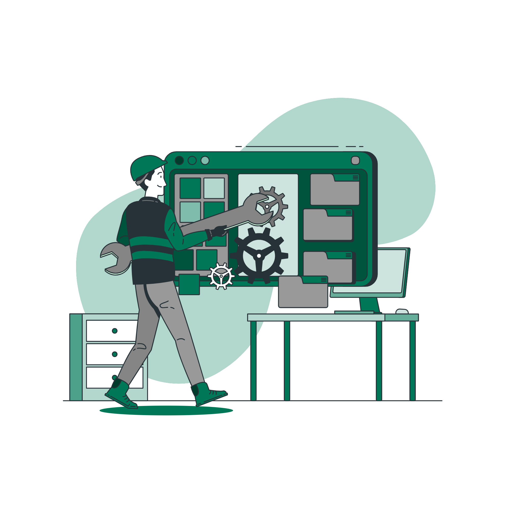 a man holding a wrench and working on a computer